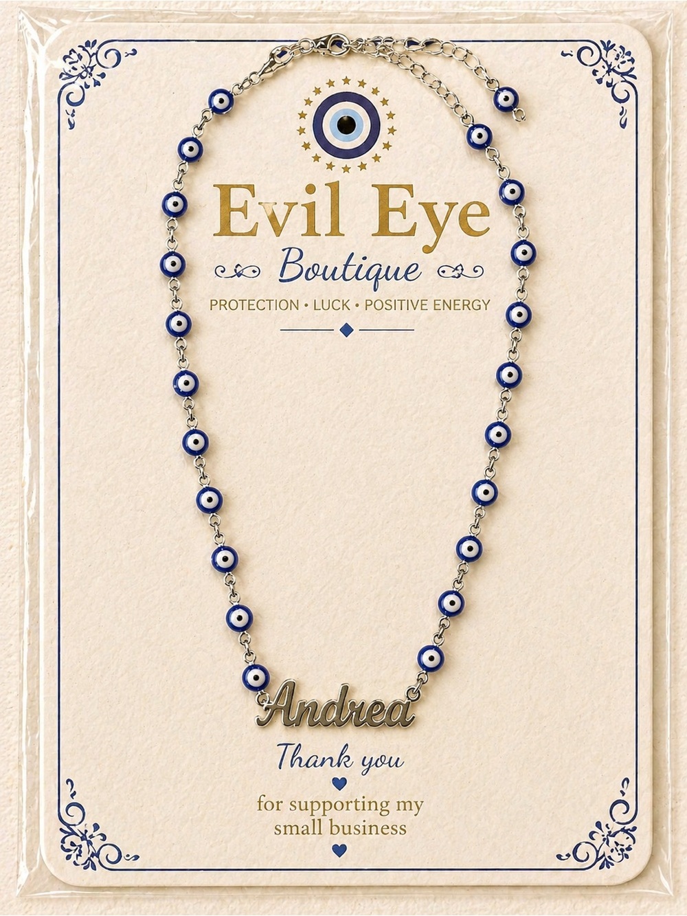 "Andrea" Blue Beaded Name Necklace